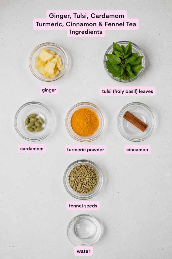 Anti inflammatory drink made with ginger tulsi turmeric cinnamon and fennel seeds in hot water — IBS-friendly caffeine-free morning tea